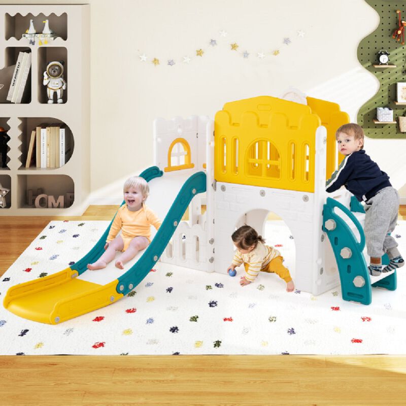 L-Shaped 9 in 1 Toddler Slide with Basketball Hoop and Steering Wheel for Kids image number 4