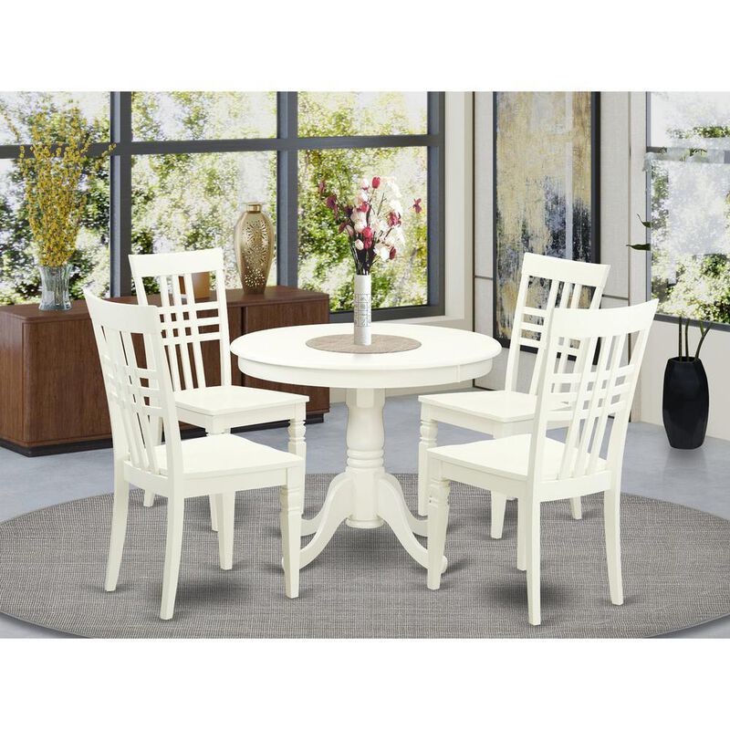 5 Pc set with a Table and 4 Wood Kitchen Chairs with Linen White.