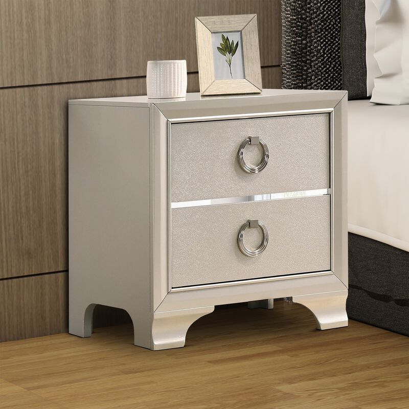 Two Drawers Wooden Nightstand with Oversized Ring Handles, Silver-Benzara