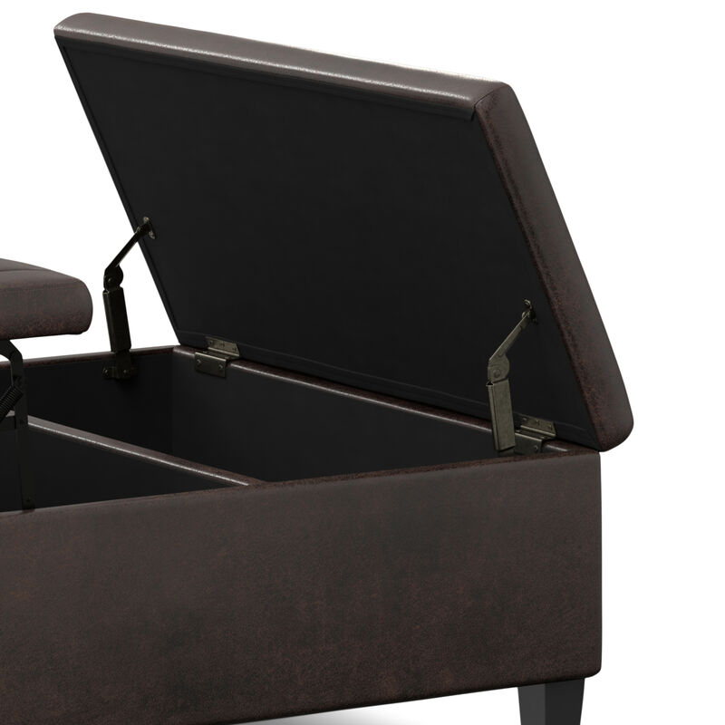 Ellis 36 inch Wide Contemporary Square Coffee Table Storage Ottoman in Distressed Brown Vegan Faux Leather, Assembled