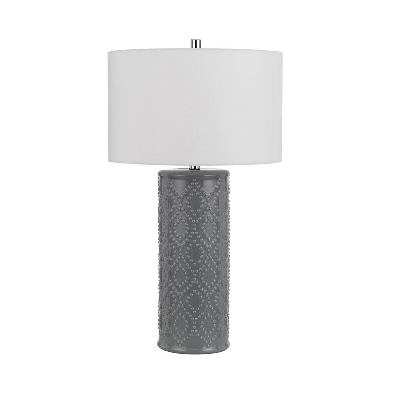 29 Inch Accent Table Lamp Set of 2, Tall Cylinder, Ball Finial Accent, Gray - Benzara