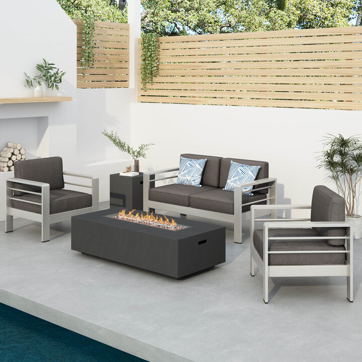 Christopher Knight Home Gildon Outdoor Aluminum 4 Seater Chat Set with Dark Gray Fire Pit