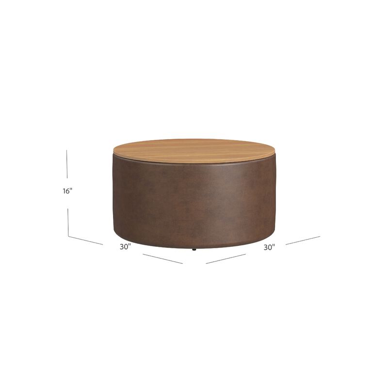 Mesy Storage Ottoman, 30 Inch Round Lift Tray Top, Brown Faux Leather - Benzara