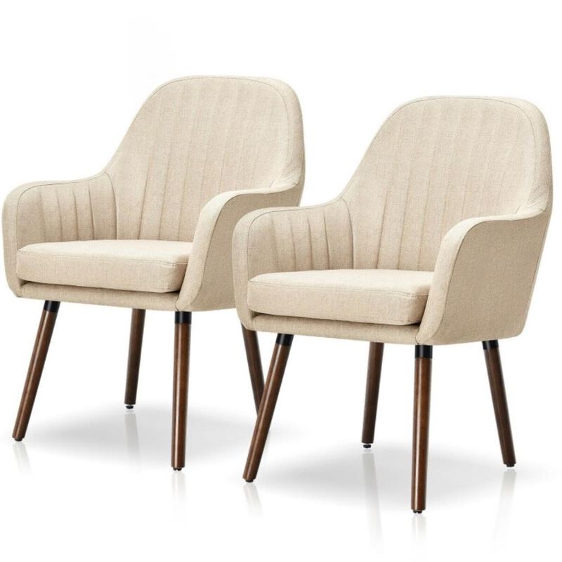 Hivvago Set of 2 Retro Off-White Linen Upholstered Accent Chair with Stylish Wood Legs