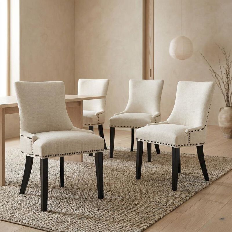 Fabric Upholstered Dining Chairs with Arms, Beige, Set of 4 image number 5