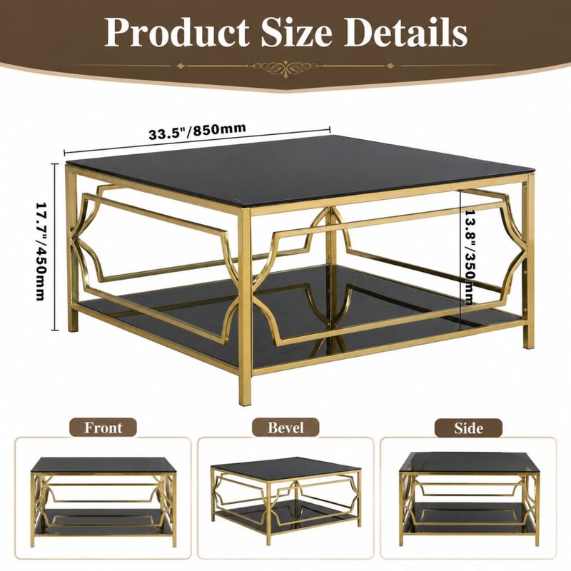 GOODSILO 33.5 Inch Square Tempered Glass Coffee Table with Geometric Metal Frame, Lower Storage Shelf for Modern Living Space Use image number 1