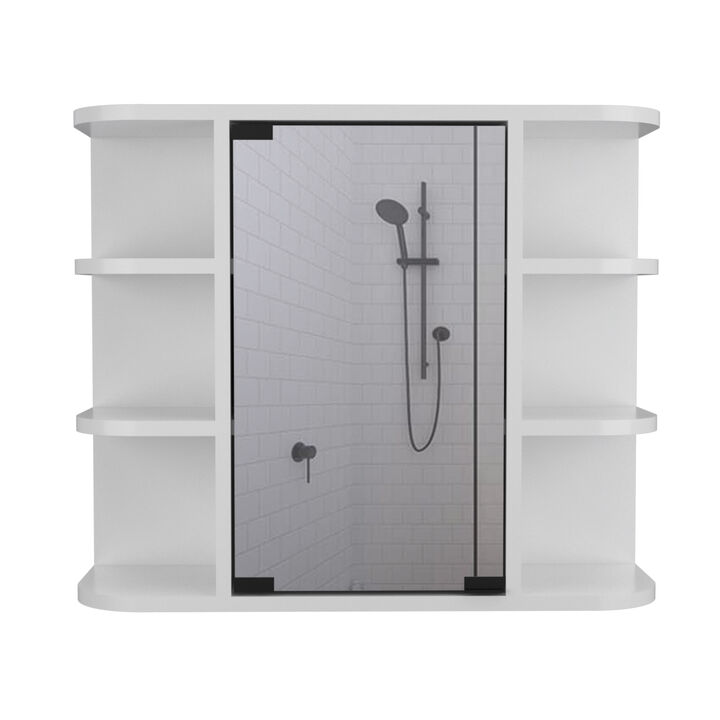 Milan Medicine Cabinet, Six External Shelves Mirror, Three Internal Shelves -White