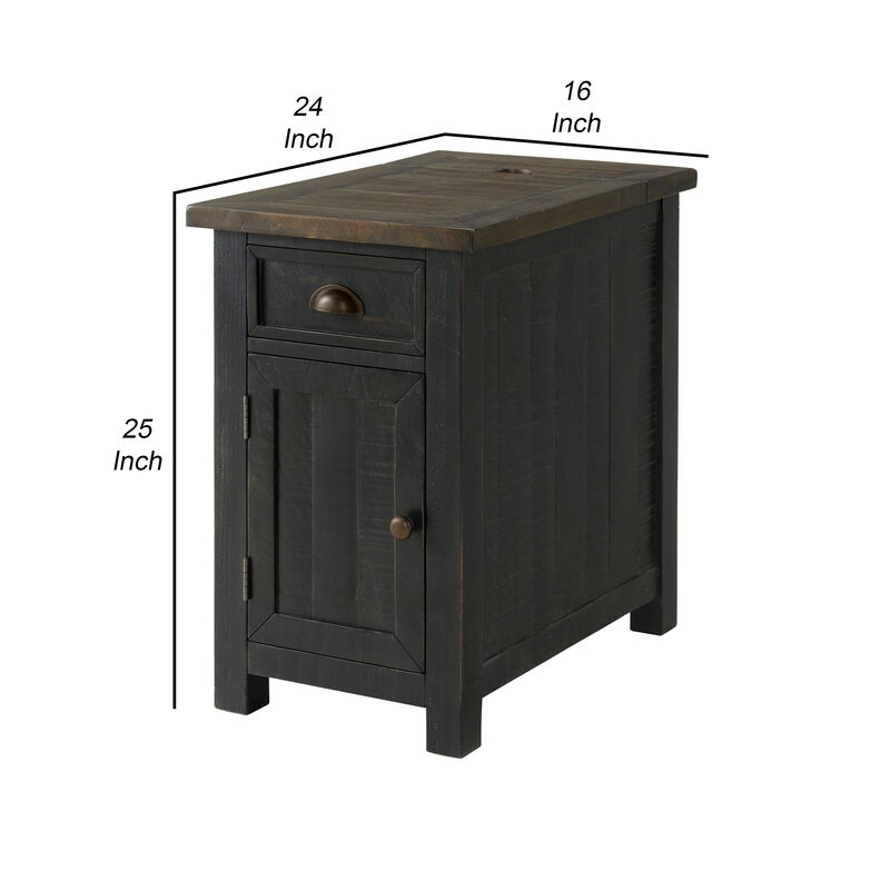 Fiya 25 Inch Chairside End Table Cabinet, Drawer, USB Ports, Black, Brown-Benzara