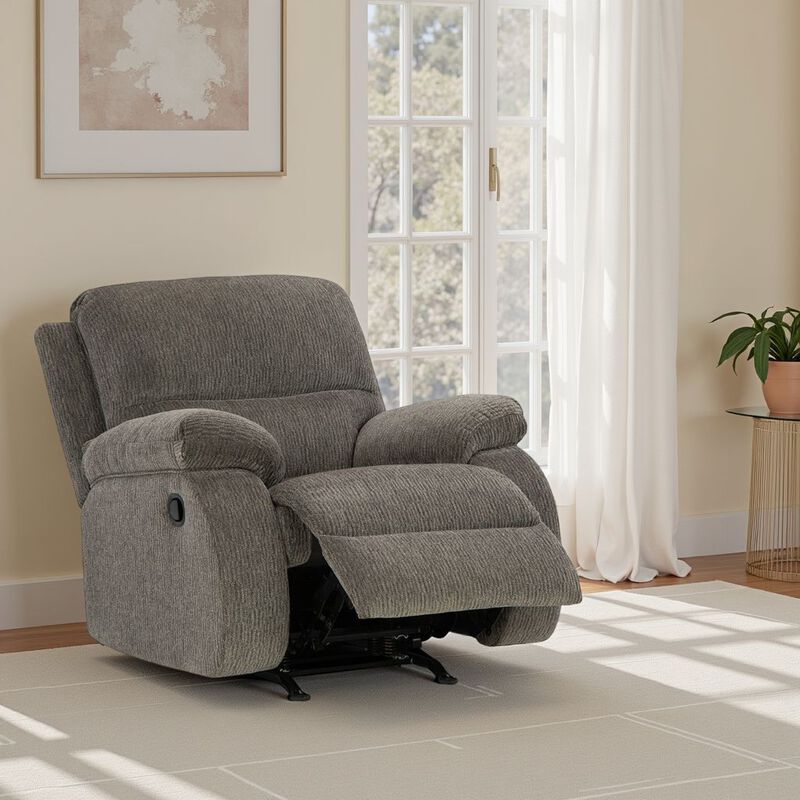 Lyla Manual Rocker Recliner Chair, Bustle Back, Brindle Gray Polyester - Benzara