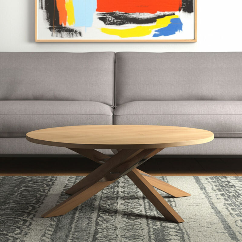 HomeRoots 42" Natural Solid Wood Round Cross Legs Coffee Table