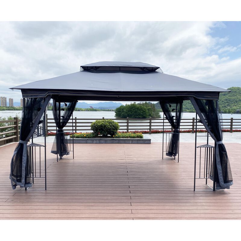 Ventilated Double Roof Gazebo with Mosquito Net, Outdoor Patio Tent for Backyard