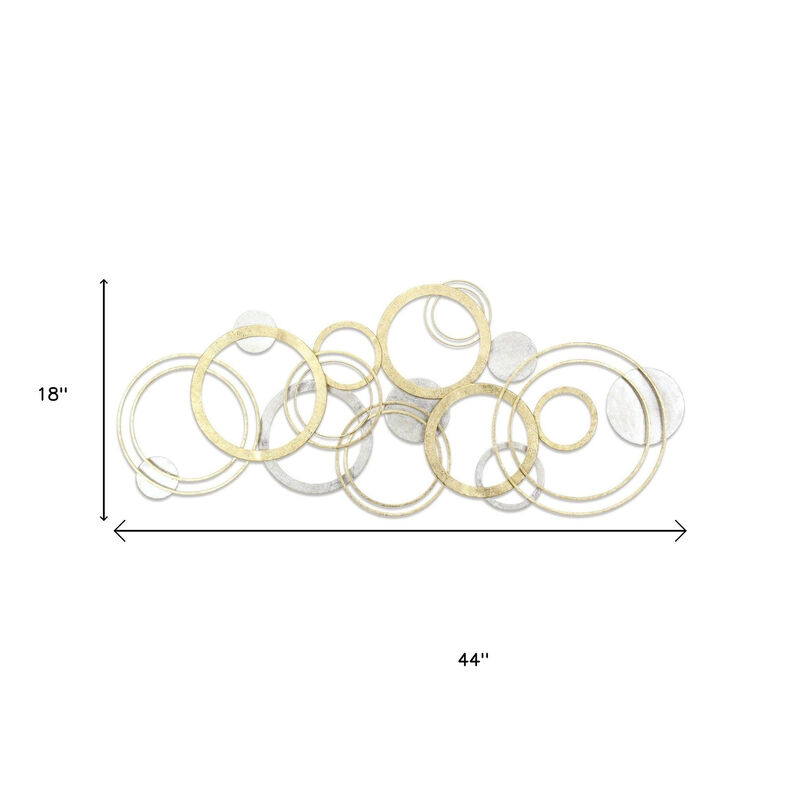 HomeRoots 18" X 44" Gold And Silver Geometric Metal Round Discs Hanging Dimensional Sculpture image number 6