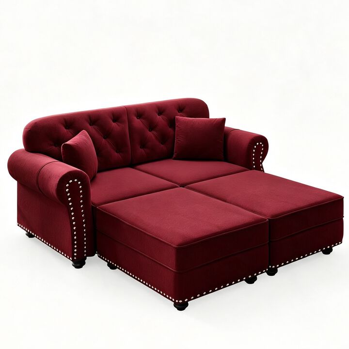Merax Chesterfield Velvet Loveseat Sofa with Ottomans