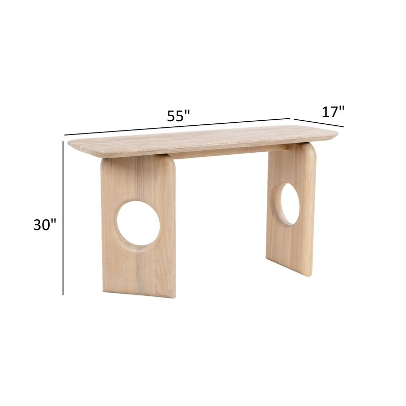 Aky 55 Inch Console Table, Faux Marble Top, Open Panel Frame, Natural Brown image number 5