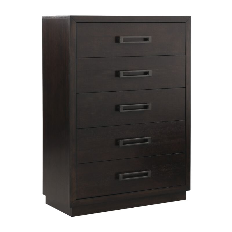 Tey Tall Dresser Chest, 5 Drawers w Metal Handles, Gray Ash Veneer - Benzara