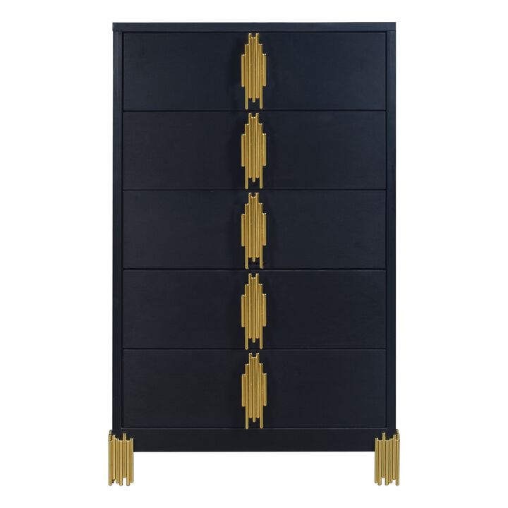 Theo Tall Dresser Chest, 5 Drawers, Vertical Gold Handles, Black Wood - Benzara