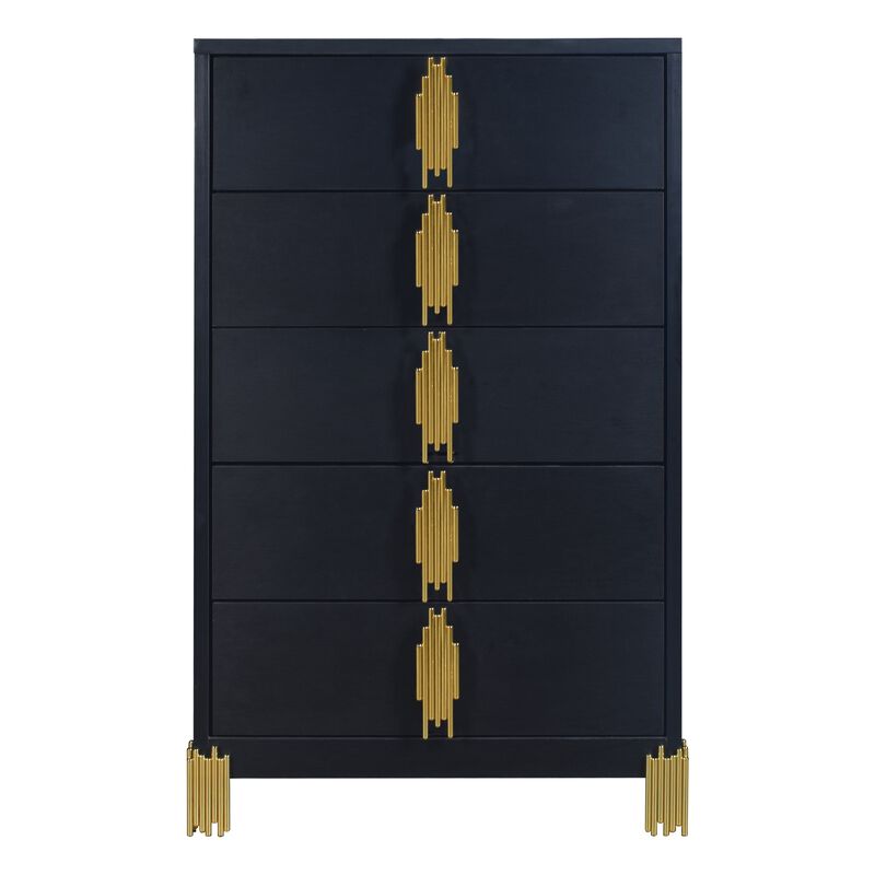 Theo Tall Dresser Chest, 5 Drawers, Vertical Gold Handles, Black Wood - Benzara