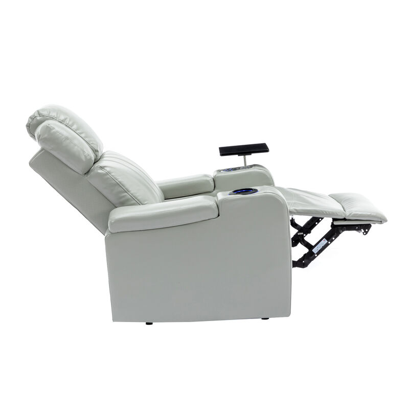 Whisen PU Leather Power Recliner with Cup Holder, Bluetooth Speaker, LED Lights, USB Ports, Tray Table and Arm Storage