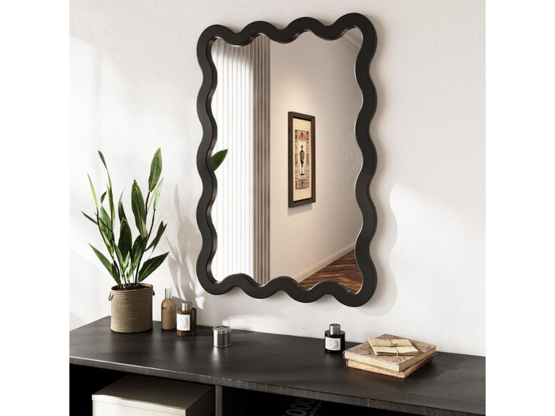 Matte Black Wavy Wall Mirror 30x22 Inch Solid Wood Irregular Decorative Mirror image number 1