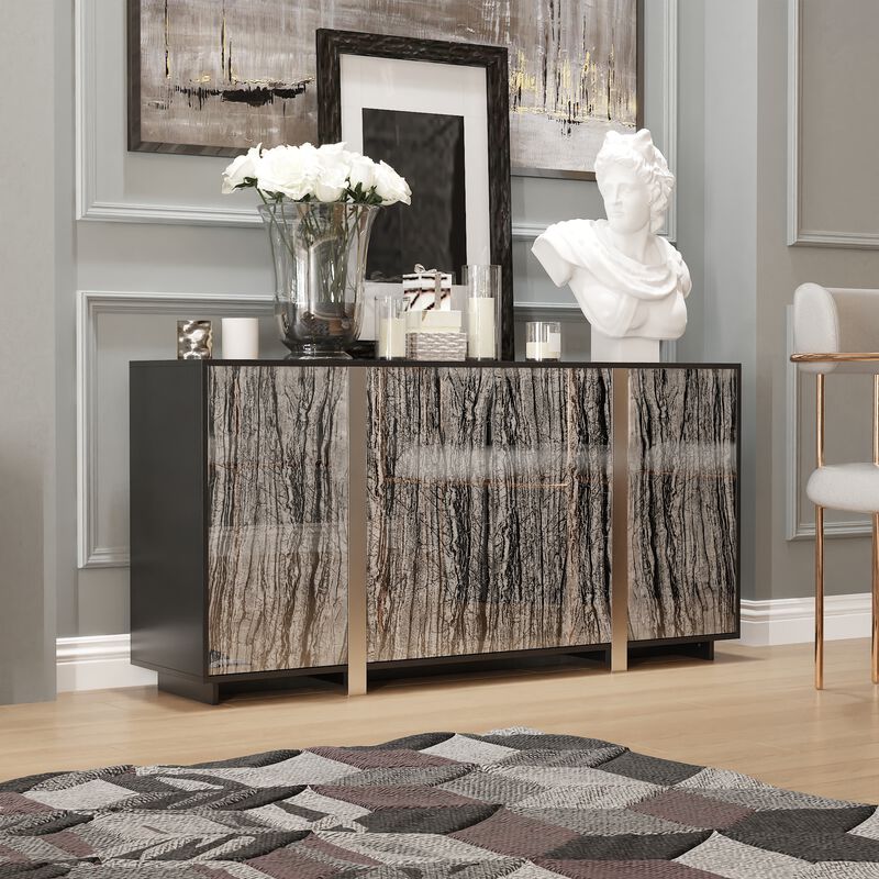 FUFU&GAGA Contemporary Black Sideboard with Marble-Pattern Glass Doors (63" W x 15.7" D x 31.5" H), P2 MDF Cabinet with Silver-Plated Legs
