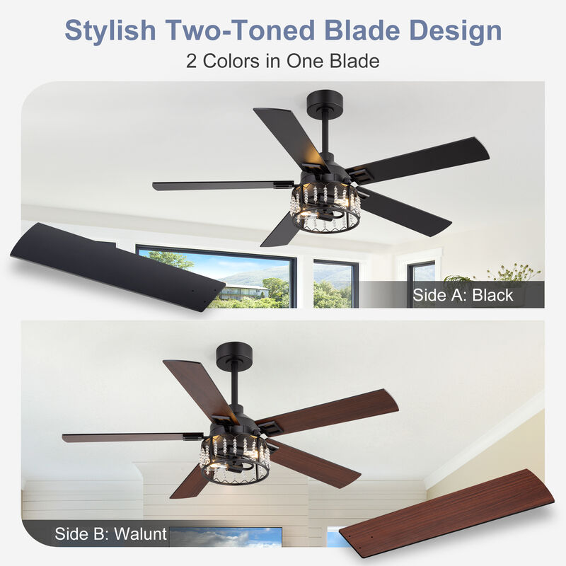 Breezary 52" Crystal Ceiling Fan with Lights, 2-Light E26 Base, DC Motor, 6-Speed Remote, Reversible Grain Blades, Quiet image number 2