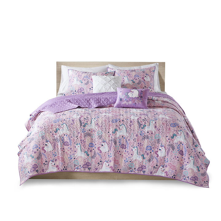 Gracie Mills Glenda 4-Peice Unicorn Reversible Cotton Quilt Set with coordinating Throw Pillows