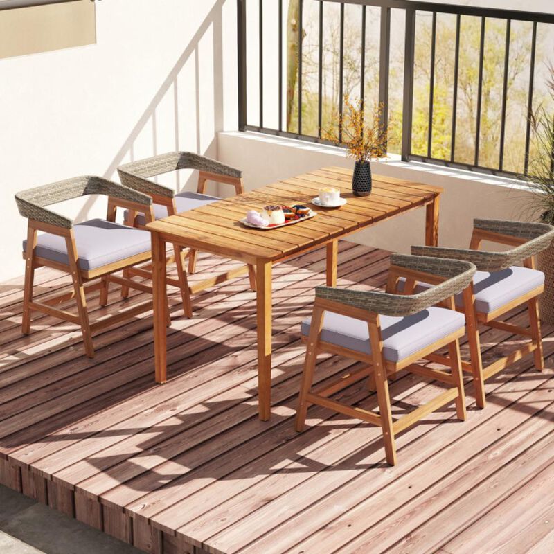 Hivvago 5 Piece Patio Dining Set Solid Wood with Rattan Backrest and Cushions