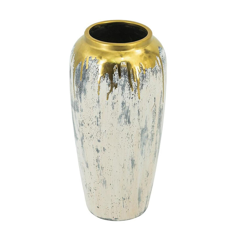 HomeRoots 14" Gray Ivory And Gold Modern Abstract Ceramic Table Vase image number 4