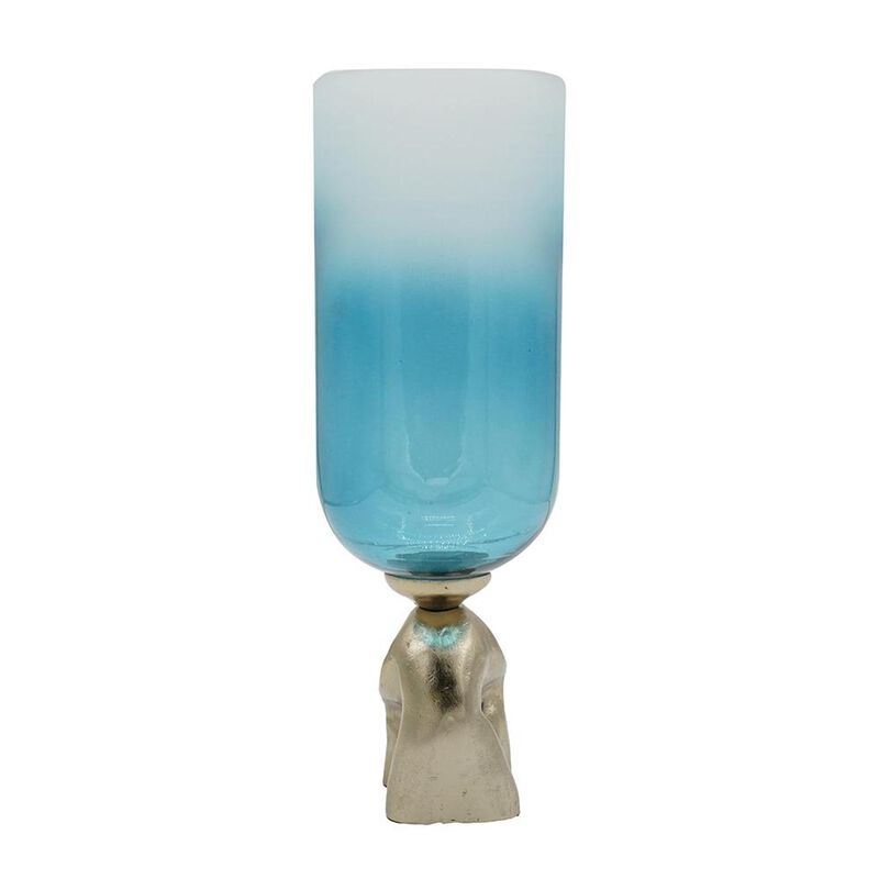 HomeRoots 18" Blue White And Gold Ombre Glass And Aluminum Pedestal Table Vase image number 2