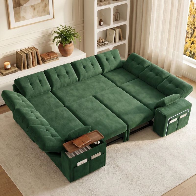 Vipbear 112" U-Shaped 8-Seat Modular Chenille Sectional Sleeper Sofa, Pull Out Bed Reclining Couch image number 7