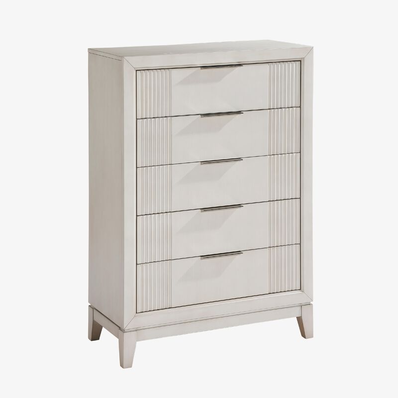 Flo Tall Dresser Chest, 5 Drawers, Antique White Wood, Chrome Handles