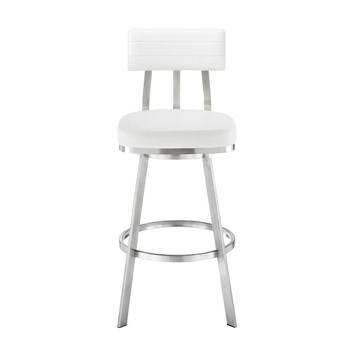 Poni 30 Inch Swivel Barstool Chair, Cushioned Seating, White Faux Leather - Benzara