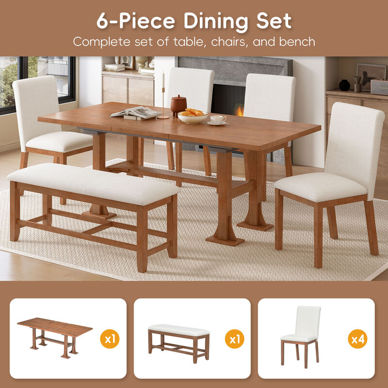Merax Expandable Dining Table Set with 4 Cushioned Chairs & Sturdy Bench, Solid Wood Construction image number 4