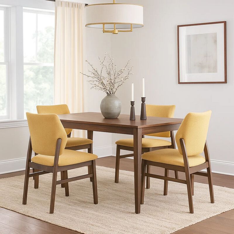 Nory Dining Side Chair Set of 2, Yellow Linen Cushioned, Walnut Brown