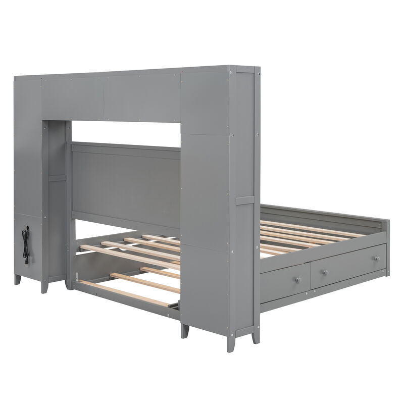 Whisen Modern Design Full Size Wooden Bed With All-in-One Cabinet, Shelf and Twin Size Trundle - White