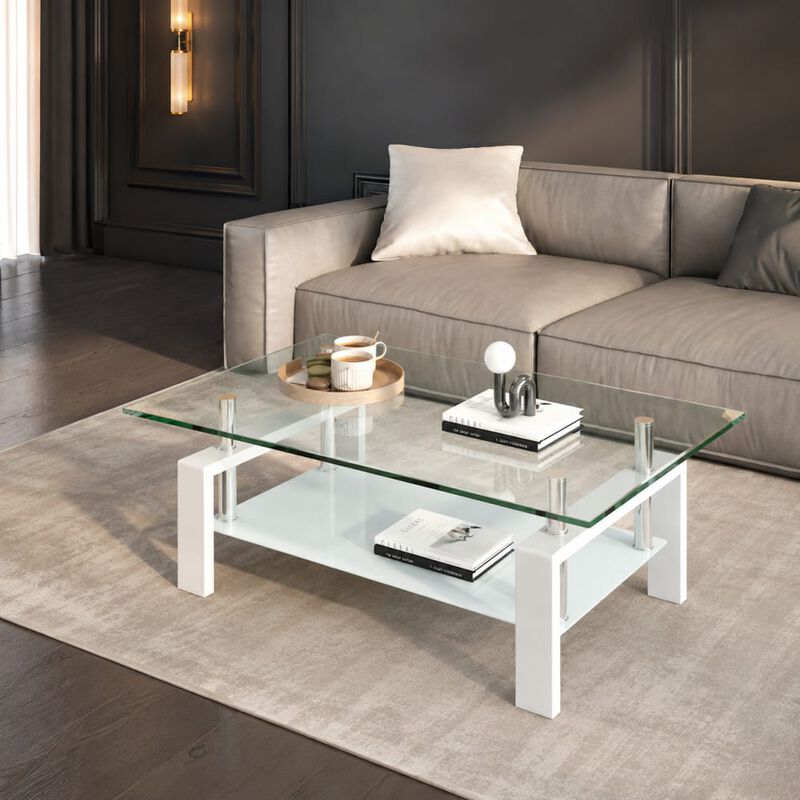 GOODSILO Modern 2-Layer Glass Coffee Table with Sleek Waterfall Edges, Space-Saving Accent Furniture for Living Room, Office & Reception Areas image number 2
