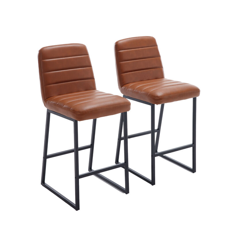 Low Bar Stools Set of 2 Bar Chairs for Living Room Party Room Kitchen, Upholstered PU Kitchen Breakfast Bar Stools with Footrest, Brown
