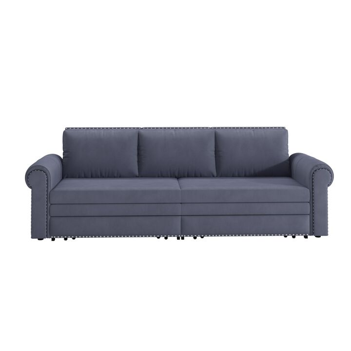 Gray King Size Sofa Bed Couch Pull Out Couch 3 In 1 Convertible Sleeper Sofa Bed Velvet Chesterfield Sofa With Nailhead Trim & Rolled Arm-Cuddlewood