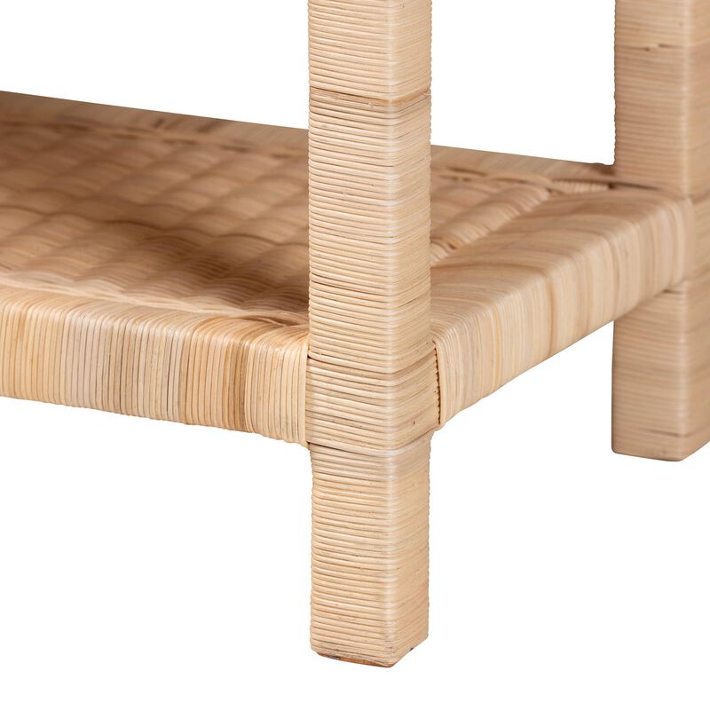 bali & pari Weyman Scalloped Rattan End Table with Removable Tray Top - Handwoven Rattan Accent Table with Shelf, Coastal Boho Style Side Table for Living Room or Bedroom