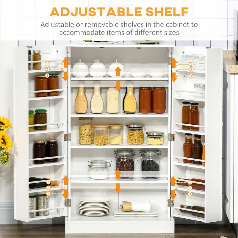 White Kitchen Storage: 41" Freestanding Pantry Cabinet with 5 Tiers