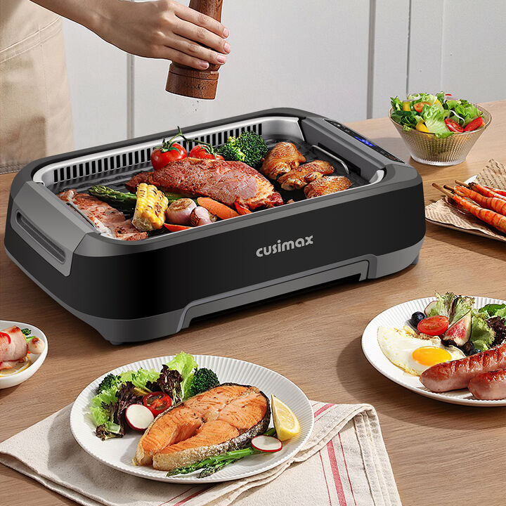 Cusimax 1500W Smokeless Indoor Grill with LED Smart Display & Non-stick Removable Grill Plate, Tempered Glass Lid, Turbo Smoke Extractor