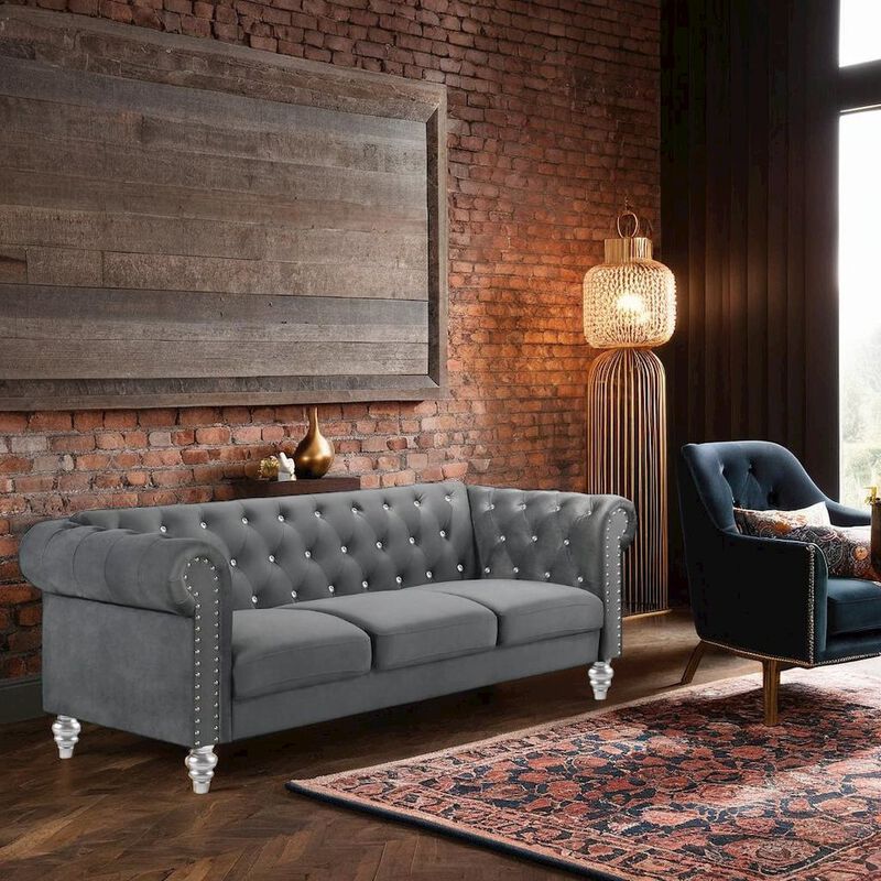 Velvet Fabric Sofa with Rolled Arms in Gray, Elegant Living Room Seating image number 3