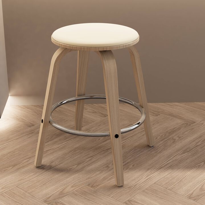 LeisureMod Counter Stool Upholstered in Leather with Stained Poplar Wood Frame & Chrome Iron Footrest with 360-Degree Swivel for Modern Home, Kitchen, Bars, Cafes Pelya Collection