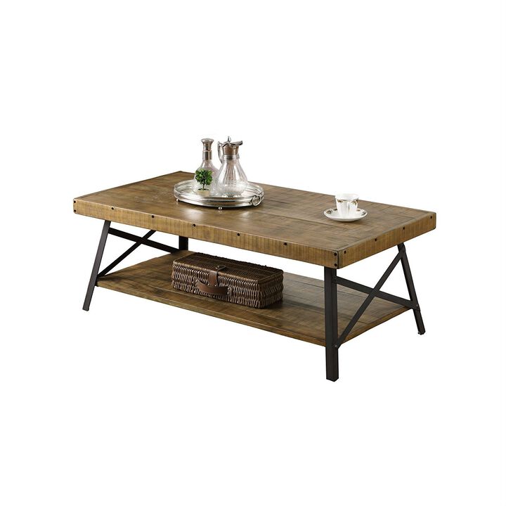 Solid Wood Coffee Table with Black Steel Legs, Industrial Modern Design