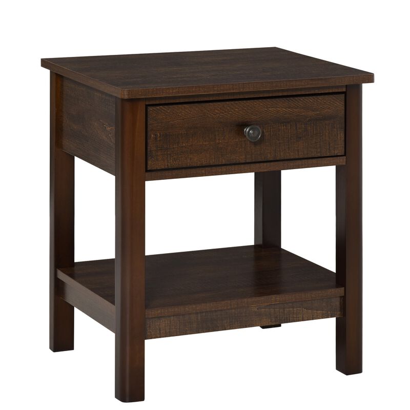 Dark Brown Nightstand: Compact Bedside Table with Drawer and Shelves