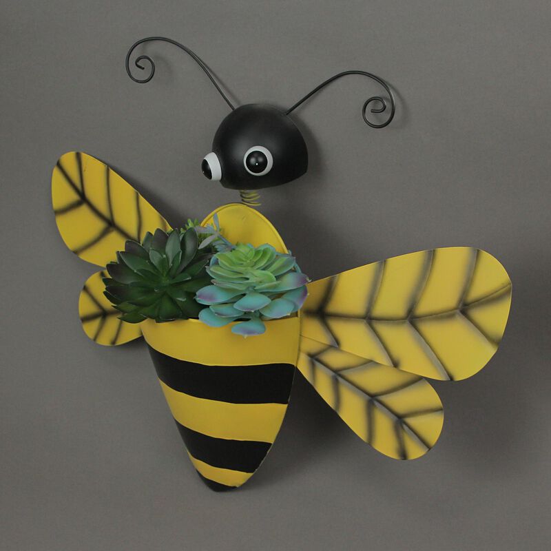 Black & Yellow Metal Bumble Bee Wall Pocket Planter Rustic Decorative Plant Vase image number 1