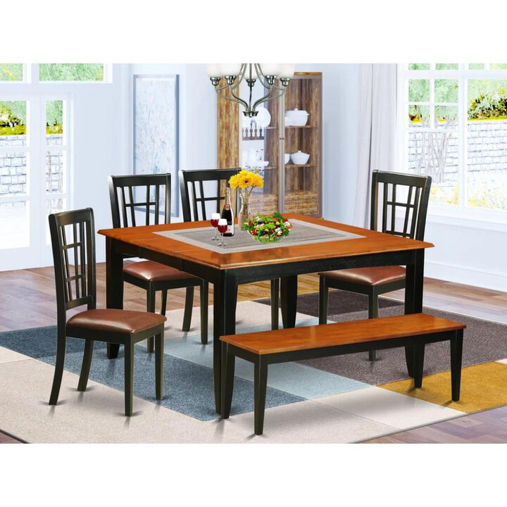 6 PC Dining room set with bench-Dining Table and 4 Wooden Dining Chairs plus a bench