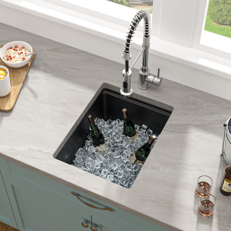 15 in. Undermount Single Bowl Workstation Black Quartz Composite Kitchen Sink Round Corner with Bottom Grid. image number 3