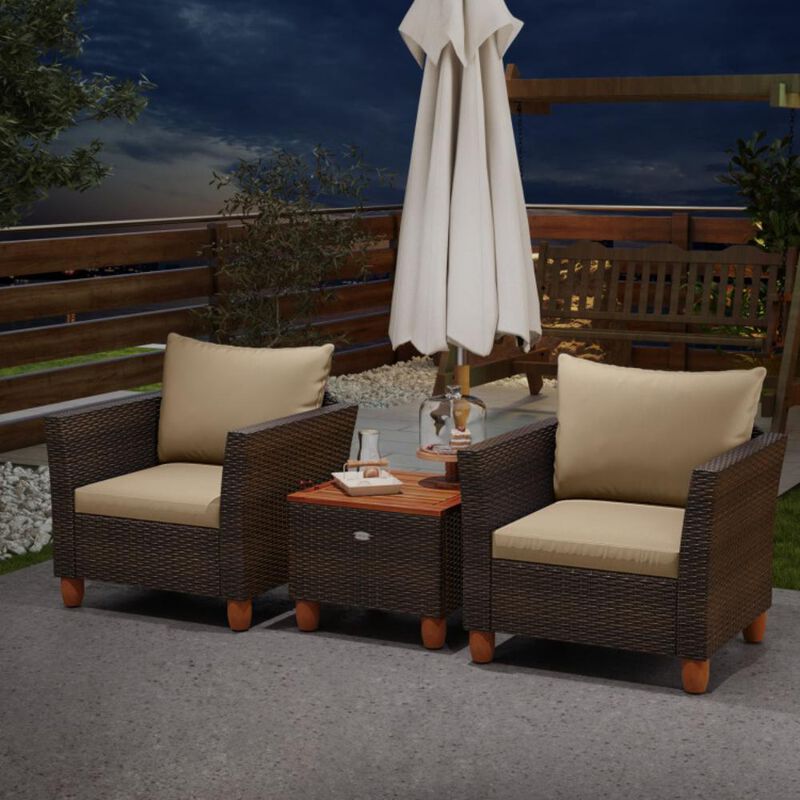 Hivvago 3 Pieces Patio PE Wicker Furniture Set with Cushions and Acacia Wood Storage Coffee Table