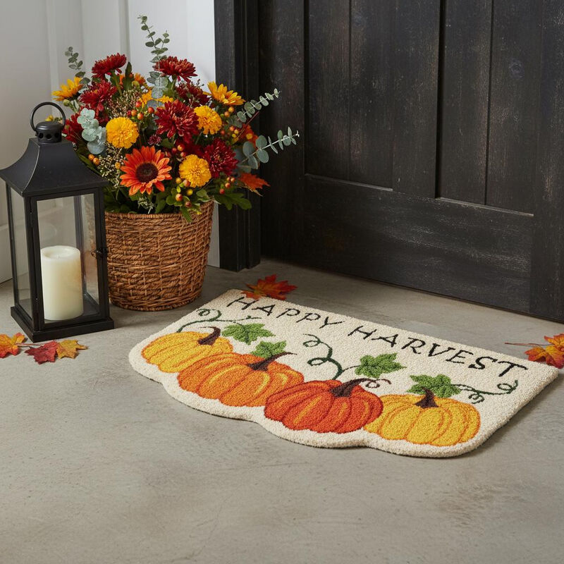 HomeRoots 18" X 30" Beige and Orange Coir Pumpkins and Leaves Outdoor Thanksgiving Door Mat image number 1